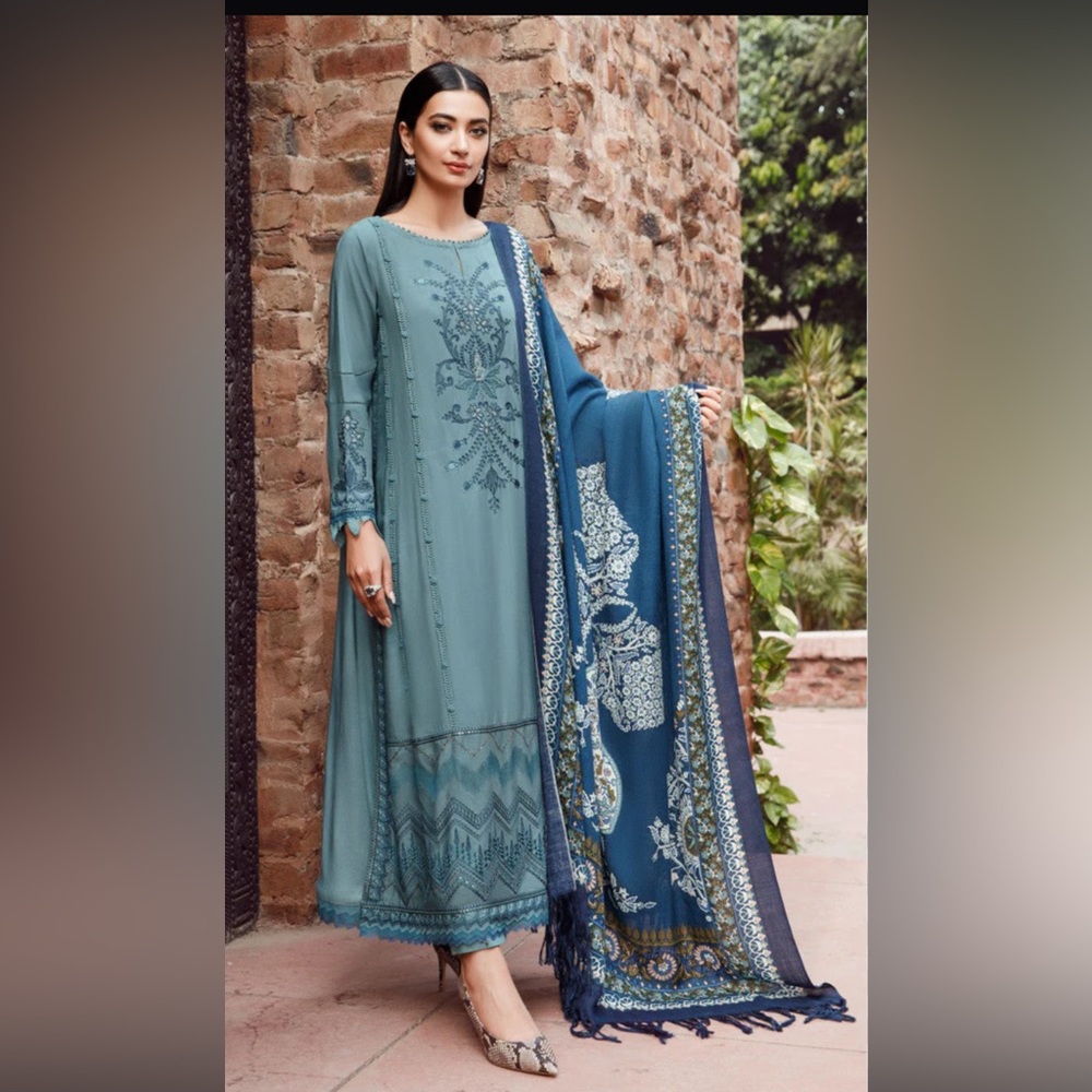 MARIA. B. Teal Shirt with Navy Blue Pants and Shawl